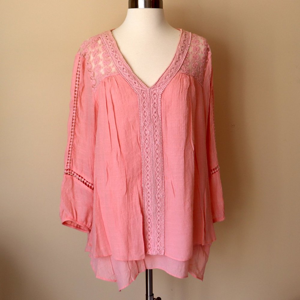 John Paul Richard Peach Lace Tunic Blouse Size XL